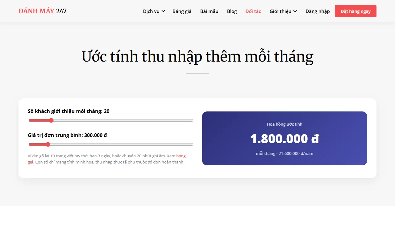 Công cụ ước tính hoa hồng đối tác theo số khách và giá trị đơn trung bình