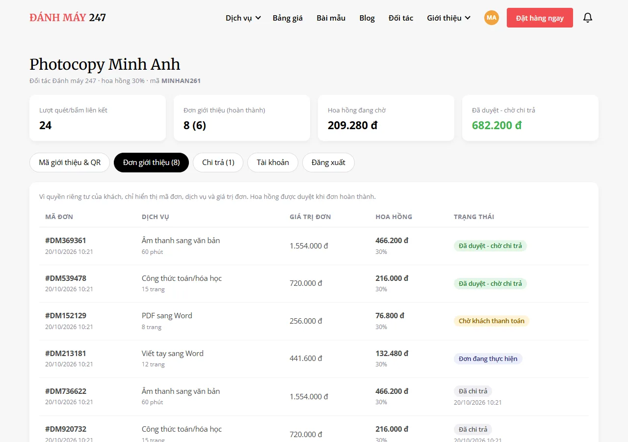 Bảng đơn giới thiệu với giá trị đơn, hoa hồng 30% và trạng thái từng đơn